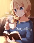  alternate_hairstyle blonde_hair blue_eyes blue_sweater blush book braid casual character_name closed_mouth cup darjeeling girls_und_panzer hair_over_shoulder highres holding jewelry kapatarou long_sleeves necklace single_braid sleeveless smile solo sweater teacup v-neck 