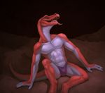  2017 abs anthro biceps claws clothed clothing digital_media_(artwork) hi_res klongi lizard looking_at_viewer male muscular muscular_male open_mouth pecs pose red_scales reptile scales scalie simple_background sitting solo teeth tongue tongue_out topless underwear 