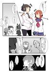  alternate_hairstyle bangs blunt_bangs blush braid comic commentary_request crossed_arms epaulettes eyepatch female_admiral_(kantai_collection) folded_ponytail fourth_wall hair_up hairstyle_switch headgear highres inazuma_(kantai_collection) kantai_collection long_sleeves military military_uniform multiple_girls neckerchief necktie pantyhose pekeko_(pepekekeko) pleated_skirt school_uniform serafuku shorts sidelocks skirt sweatdrop sweater tenryuu_(kantai_collection) translated twin_braids uniform watabe_koharu 