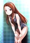  brown_eyes brown_hair commentary_request hairband highres idolmaster idolmaster_(classic) long_hair minase_iori muhi11234 name_tag old_school_swimsuit one-piece_swimsuit school_swimsuit solo swimsuit tile_wall tiles 