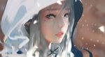  blue_eyes blurry blurry_background close-up commentary copyright_name elf eyelashes face ghostblade highres hood hood_up lips long_hair looking_at_viewer mole mole_under_eye motion_blur parted_lips pointy_ears portrait silver_hair sketch solo teeth upper_body wlop 