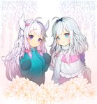  blue_eyes bow cosplay costume_switch crossover dragon_girl dragon_horns eromanga_sensei hair_bow horns izumi_sagiri izumi_sagiri_(cosplay) jacket kanna_kamui kanna_kamui_(cosplay) kobayashi-san_chi_no_maidragon lavender_hair long_hair look-alike looking_at_viewer md5_mismatch multiple_girls pink_bow purple_eyes sleeves_past_wrists tp_(kido_94) white_hair 