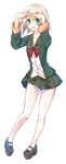  :d black_footwear bow bowtie full_body green_eyes green_jacket green_skirt highres jacket kantai_collection long_sleeves mutsuno_hekisa open_mouth pleated_skirt red_bow red_neckwear shimushu_(kantai_collection) shimushu_pose shoes short_hair silver_hair skirt smile solo transparent_background 