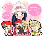  1girl 2boys :3 :d beret birthday black_eyes black_hair black_shirt blonde_hair blush blush_stickers character_doll clenched_hand closed_mouth clothes_writing crying crying_with_eyes_open diamond diamond_(pokemon) english flat_chest green_scarf hachimaki hair_ornament hand_puppet hands_on_own_cheeks hands_on_own_face happy_birthday hat headband heart long_hair looking_at_viewer miniskirt multiple_boys namesake nose_blush open_mouth orange_eyes pearl pearl_(pokemon) pink_background pink_skirt platinum_berlitz pokemon pokemon_special popped_collar puppet red_hat red_scarf romaji scarf shirt short_hair short_sleeves skirt sleeveless sleeveless_shirt smile sparkling_eyes speech_bubble standing streaming_tears striped striped_shirt tears text_focus translation_request tsurime wavy_mouth white_hat yatsuhashi_otogi 
