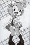  amy_rose anthro blush clothing dress furry_bomb greyscale hedgehog karate_akabon mammal monochrome necktie skirt solo sonic_(series) tongue tongue_out underwear 