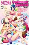 3girls ;q aki_lee anklet antenna_hair apple ass ayuhara_natsu barefoot bat_wings between_breasts bikini blonde_hair blue_hair bracelet breasts capcom cleavage company_connection cover cover_page crossover demon_girl eyewear_on_head flat_chest flower food fruit full_body hair_flower hair_ornament hairclip hand_on_hip head_wings jewelry justice_gakuen kanzuki_karin lilith_aensland lying medium_breasts midriff minigirl multiple_crossover multiple_girls navel necklace one_eye_closed oversized_object pendant purple_hair ringlets sarong shiny shiny_skin shiritsu_justice_gakuen short_hair sitting strawberry street_fighter sunglasses swimsuit toes tongue tongue_out udon_entertainment vampire_(game) wings 