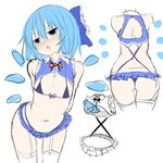  :o arms_behind_back ass bikini blue_bikini blue_bow blue_eyes blue_hair blue_skirt blush bow cirno from_behind front-tie_bikini front-tie_top garter_straps greatmosu hair_bow highres ice ice_wings leaning_forward looking_at_viewer micro_bikini microskirt multiple_views navel short_hair simple_background sketch skirt swimsuit thighhighs touhou white_background wings 