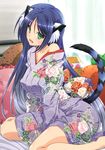  :d absurdres animal_ears bangs bare_shoulders barefoot bed bed_sheet blue_hair breasts collarbone cropped curtains day eyebrows_visible_through_hair floral_print frilled_pillow frills green_eyes hair_between_eyes head_tilt heart heart_pillow heart_print highres indoors izumi_mahiru japanese_clothes kimono large_breasts long_sleeves looking_at_viewer obi off_shoulder on_bed open_mouth original pillow sash scan sitting sitting_on_bed smile solo tail tiger_ears tiger_tail tongue toranoana unmoving_pattern upper_teeth wariza wide_sleeves yukata 