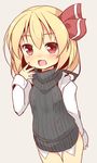  baku-p black_sweater blonde_hair fang hand_to_own_mouth highres no_pants red_eyes ribbon rumia shirt short_hair smile solo sweater sweater_vest thigh_gap touhou turtleneck 