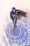  armor blue_eyes blue_hair cape falchion_(fire_emblem) fire_emblem fire_emblem:_monshou_no_nazo from_above full_body gloves holding holding_sword holding_weapon jisuart looking_at_viewer magic_circle male_focus marth solo standing sword tiara two-handed weapon 