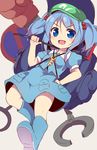  backpack bag baku-p blue_dress blue_eyes blue_footwear blue_hair boots boxing_gloves crowbar dress hair_bobbles hair_ornament hand_on_hip hat highres kawashiro_nitori long_hair open_mouth smile solo touhou twintails weapon 