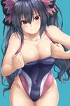  alternate_costume aqua_background black_bow black_hair blush bow breasts cleavage closed_mouth collarbone competition_swimsuit covered_navel cowboy_shot eyebrows eyebrows_visible_through_hair eyelashes hair_between_eyes hair_ornament highres legs long_hair looking_at_viewer medium_breasts navel neptune_(series) noire oekakizuki one-piece_swimsuit red_eyes shin_jigen_game_neptune_vii shiny shiny_hair shiny_skin simple_background smile solo stomach swimsuit swimsuit_pull tied_hair twintails very_long_hair 