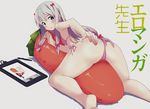  ass bangs barefoot bikini blue_eyes blush bow carrot_pillow chaowanfushi chinese_commentary clip_studio_paint commentary_request copyright_name derivative_work eromanga_sensei eyebrows_visible_through_hair grey_background grey_hair hair_bow hand_on_own_ass izumi_sagiri legs_apart long_hair looking_at_viewer looking_back official_style parted_lips pillow pink_bikini pink_bow shiny shiny_hair side-tie_bikini simple_background solo straddling stylus swimsuit tablet tears thighs 