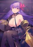  :o bad_id bad_pixiv_id bangs black_legwear black_skirt breasts claws commentary_request corset eyebrows_visible_through_hair fate/extra fate/extra_ccc fate_(series) hair_ribbon half-closed_eyes heiwa_(murasiho) highres huge_breasts knees_together_feet_apart long_hair looking_at_viewer pantyhose parted_lips partial_commentary passion_lip pink_ribbon pinstripe_pattern purple_eyes purple_hair revealing_clothes ribbon sitting skirt solo striped striped_skirt 