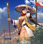 adjusting_clothes adjusting_hat bikini_top black_hair breasts cleavage cloud day fate/grand_order fate_(series) hat ichimegasa large_breasts outdoors pyz_(cath_x_tech) red_eyes robe shakujou sky solo staff thighhighs xuanzang_(fate/grand_order) 