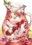  air_bubble bottle brown_eyes brown_hair bubble cranberry dress highres ice ice_cube in_bottle in_container kim_eb kneehighs long_hair looking_at_viewer open_mouth original pitcher plaid plaid_dress red_dress sparkle striped striped_legwear submerged upside-down 