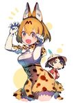  2girls :d animal_ears animal_print backpack bag bare_shoulders belt black_hair blue_eyes blush bow bowtie brown_belt bukurote chibi chibi_inset claw_pose clenched_hand contrapposto cowboy_shot cropped_legs cross-laced_clothes dot_nose elbow_gloves eyebrows_visible_through_hair fang gloves hair_between_eyes hands_up hat hat_feather heart heart_in_mouth helmet high-waist_skirt jpeg_artifacts kaban_(kemono_friends) kemono_friends looking_at_viewer multicolored multicolored_background multiple_girls no_gloves open_mouth orange_background orange_eyes orange_hair pith_helmet print_bow print_gloves print_neckwear print_skirt red_shirt serval_(kemono_friends) serval_ears serval_print serval_tail shirt short_hair short_sleeves skirt sleeveless sleeveless_shirt smile solo_focus standing striped_tail tail tareme tongue two-tone_background upper_body wavy_hair white_background white_shirt 