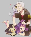  1girl acerola_(pokemon) alolan_form alolan_meowth black_jacket book dress gen_7_pokemon grey_background grey_hair half_updo heart holding holding_book island_kahuna jacket jewelry kuchinashi_(pokemon) lying mimikyu multicolored multicolored_clothes multicolored_dress necklace on_stomach pokemon pokemon_(creature) pokemon_(game) pokemon_sm popcorn_91 purple_eyes purple_hair red_eyes red_shirt shirt short_hair short_sleeves simple_background sitting trial_captain z-ring 