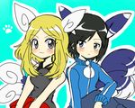  1girl :3 animal_ears aqua_background black_hair black_shirt blonde_hair blue_eyes blue_jacket blush breasts cat_ears cat_tail closed_mouth collared_shirt gen_6_pokemon jacket long_hair long_sleeves medium_breasts meowstic miniskirt multiple_tails outline paw_print pokemon pokemon_special red_skirt shirt short_hair simple_background sitting skirt tail track_jacket two_tails v_arms x_(pokemon) y_na_gaabena yatsuhashi_otogi 