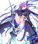  armor bangs blue_eyes blush boots breasts crotch_plate eyebrows_visible_through_hair fate/extra fate/extra_ccc fate/grand_order fate_(series) greaves hair_ribbon juliet_sleeves long_hair long_sleeves looking_at_viewer matanonki meltlilith navel puffy_sleeves purple_hair revealing_clothes revision ribbon simple_background small_breasts solo thighhighs very_long_hair white_background 