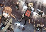  6+boys absurdres ahoge aqua_eyes arm_up bangs belt black_footwear black_gloves blonde_hair boots brown_hair character_request cloud cloudy_sky eyebrows flying gloves gun highres holding holding_weapon huge_filesize kantoku matheus_johann_weiss military military_uniform mondragon_rifle multiple_boys multiple_girls open_mouth rhiner_neumann rifle scan short_hair sky sunlight tanya_degurechaff teeth uniform viktoriya_ivanovna_serebryakov warren_grantz weapon wilibald_koenig youjo_senki zipper 