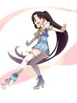  :d alternate_costume black_hair blue_eyes fate/grand_order fate_(series) high_heels highres long_hair open_mouth outstretched_arms pleated_skirt shimomoto side_ponytail skirt smile solo thighhighs ushiwakamaru_(fate/grand_order) very_long_hair white_legwear 