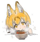  :3 animal_ears bare_shoulders blush bowl chopsticks chopsticks_in_mouth clenched_hand commentary curry curry_udon dot_nose eating elbow_gloves extra_ears eyebrows_visible_through_hair eyelashes flying_sweatdrops food food_in_mouth gen-san_(x_xxxg) gloves holding holding_chopsticks jpeg_artifacts kemono_friends looking_at_viewer nigiribashi noodles onomatopoeia orange_eyes orange_hair serval_(kemono_friends) serval_ears shirt short_hair simple_background sketch sleeveless sleeveless_shirt solo spicy steam sweat table tareme udon upper_body white_background white_shirt 