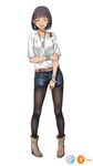  arm_grab bare_shoulders belt black_hair black_legwear blue_eyes blush bob_cut boots closed_eyes collarbone contemporary dark_skin denim denim_shorts earrings highres jewelry lips open_mouth original ring shirt short_hair shorts solo standing tight_(ohmygod) white_shirt 