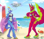  anthro beach big_breasts bikini breasts clothed clothing dialogue dragon duo female grungecandy nipples nude outside seaside standing swimsuit wide_hips 