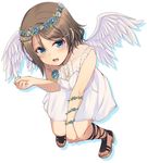  angel_wings blue_eyes blue_flower blue_rose brown_hair corsage cross-laced_footwear dress feathered_wings flower hair_flower hair_ornament hairclip hand_on_own_knee head_wreath high_heels highres love_live! love_live!_sunshine!! nanotsuki open_mouth rose sandals short_hair solo watanabe_you white_dress white_wings wings 