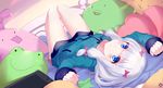  blue_eyes bow eromanga_sensei hair_bow highres izumi_sagiri jacket lavender_hair long_hair looking_at_viewer lying mahousho on_back pink_bow solo star stuffed_animal stuffed_octopus stuffed_toy tablet_pc upside-down 