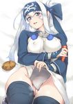  ainu_clothes bed_sheet black_legwear blue_eyes carrot censored covered_nipples headband highres kamoi_(kantai_collection) kantai_collection long_hair long_sleeves looking_at_viewer lying mosaic_censoring no_panties on_back open_mouth potato pussy smile solo thick_eyebrows thighhighs white_hair yui.h 