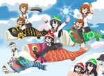  &gt;_&lt; akatsuki_(kantai_collection) anchor_symbol arms_up black_hair blanket blue_eyes blue_hair blue_sky brown_hair chibi closed_eyes cloud comic commentary day dreaming flat_cap flying folded_ponytail hair_ornament hairclip hands_up hat hibiki_(kantai_collection) ikazuchi_(kantai_collection) inazuma_(kantai_collection) kantai_collection kodomo_no_hi koinobori lens_flare long_hair long_sleeves multiple_girls multiple_riders neckerchief open_mouth outdoors pantyhose paper_hat paper_kabuto pillow pleated_skirt puchimasu! riding school_uniform serafuku short_hair sidelocks silver_hair skirt sky sleeping smile thighhighs yuureidoushi_(yuurei6214) 