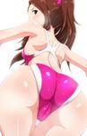  ass ass_focus bangs bare_shoulders blush brown_eyes brown_hair from_behind highres idolmaster idolmaster_(classic) jpeg_artifacts long_hair looking_at_viewer looking_back minase_iori one-piece_swimsuit outstretched_arms pink_swimsuit ponytail simple_background solo spread_arms swimsuit tengu_(tetuo_kun) wet white_background 