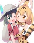  ;3 ;d animal_ears asymmetrical_docking backpack bag blonde_hair blush bow bowtie breast_press breasts cheek-to-cheek commentary elbow_gloves extra_ears gloves green_eyes green_hair hat hat_feather heart helmet highres hug kaban_(kemono_friends) kemono_friends makuran medium_breasts multiple_girls one_eye_closed open_mouth pith_helmet print_gloves print_skirt red_shirt serval_(kemono_friends) serval_ears serval_print serval_tail shirt short_hair simple_background skirt sleeveless sleeveless_shirt small_breasts smile striped_tail tail white_background white_shirt yellow_eyes yuri 