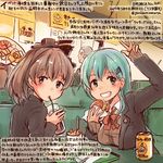  2girls arm_up blue_eyes brown_hair brown_jacket brown_sweater buttons can cardigan colored_pencil_(medium) commentary_request dated drinking drinking_straw food green_eyes green_hair grin hair_between_eyes hair_ornament hairclip hamburger holding holding_food jacket kantai_collection kirisawa_juuzou kumano_(kantai_collection) long_hair long_sleeves multiple_boys multiple_girls neck_ribbon numbered ponytail red_ribbon remodel_(kantai_collection) ribbon school_uniform shirt smile spoon suzuya_(kantai_collection) sweater traditional_media translation_request twitter_username v white_shirt 
