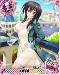  black_hair breasts bridge card_(medium) character_name chess_piece city cleavage covered_nipples cup dress gloves high_school_dxd high_school_dxd_infinity large_breasts long_hair military military_uniform official_art pawn pink_eyes raynare river smile solo standing teacup trading_card uniform white_dress white_gloves 