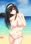  absurdres arm_behind_back bangs bare_arms bare_shoulders beach bikini black_hair blurry blurry_background breasts brown_eyes chestnut_mouth cleavage collarbone contrapposto cowboy_shot day dylannn eyebrows_visible_through_hair hairband hand_up head_tilt highres kasumigaoka_utaha large_breasts legs_together long_hair looking_at_viewer midriff navel o-ring o-ring_bikini o-ring_bottom o-ring_top ocean open_mouth outdoors saenai_heroine_no_sodatekata sand shiny shiny_skin solo standing starfish stomach swimsuit water white_bikini white_hairband 