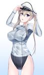 8000 adjusting_clothes adjusting_hat ass_visible_through_thighs blonde_hair blue_eyes blue_swimsuit breasts competition_swimsuit covered_navel cowboy_shot gradient gradient_background graf_zeppelin_(kantai_collection) hat kantai_collection large_breasts long_hair one-piece_swimsuit open_mouth peaked_cap rash_guard simple_background solo swimsuit twintails 
