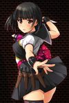  aliasing arms_at_sides bangs beatmania beatmania_iidx black_hair black_legwear black_skirt blush breasts brown_eyes from_side highres holding holding_knife holding_weapon knife looking_at_viewer matsunaga_kouyou medium_breasts open_mouth short_hair short_sleeves skirt solo thighhighs weapon 