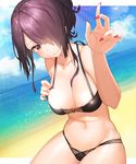  :3 bad_id bad_pixiv_id bangs beach bikini black_bikini blue_sky blush breasts cleavage closed_mouth cloud cloudy_sky collarbone cowboy_shot day demon_girl dutch_angle fang fang_out fingernails hair_over_one_eye hand_on_own_chest hand_up highres horizon large_breasts light_smile looking_at_viewer mia_(miaflocon) nail_polish navel ocean original outdoors pointy_ears purple_hair red_eyes sharp_fingernails sky solo succubus swimsuit thighs wavy_mouth 