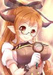  1girl blush bow breasts brown_vest draph glasses gloves granblue_fantasy hair_bow highres kane-neko large_breasts long_hair magnifying_glass necktie orange_eyes orange_hair pointy_ears ponytail sarya_(granblue_fantasy) semi-rimless_eyewear shirt sidelocks smile solo under-rim_eyewear upper_body vest white_gloves white_shirt 