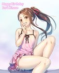  alternate_hairstyle bare_shoulders blush brown_hair camisole character_name collarbone frilled_skirt frills grin hair_ribbon hand_on_own_face happy_birthday idolmaster idolmaster_(classic) knee_up legs long_hair long_legs minase_iori nanaran pink_camisole pink_eyes pink_skirt ponytail red_ribbon ribbon shiny shiny_hair sitting skirt smile solo 