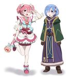  alternate_hairstyle blue_hair bob_cut commentary_request cosplay full_body hair_over_one_eye kirameki_mamika kirameki_mamika_(cosplay) magical_girl meteora_osterreich meteora_osterreich_(cosplay) minase_inori multiple_girls murakawa_rie namesake onomekaman pink_hair ram_(re:zero) re:creators re:zero_kara_hajimeru_isekai_seikatsu rem_(re:zero) robe seiyuu_connection short_hair siblings simple_background sisters twins two_side_up wand white_background 