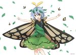  :d absurdres bare_arms bug butterfly butterfly_wings dress eternity_larva highres insect leaf monarch_butterfly open_mouth outstretched_arms sanzuri short_hair smile spread_arms touhou wings yellow_eyes 