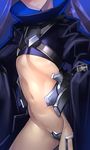  armor black_coat blush close-up closed_mouth crotch_plate fate/extra fate/extra_ccc fate_(series) flat_chest full-face_blush head_out_of_frame long_hair meltlilith navel purple_hair revealing_clothes ribbon sleeves_past_wrists solo tef 
