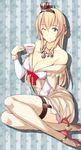  ;) bare_shoulders blonde_hair blue_eyes blush braid breasts cleavage closed_mouth collarbone commentary_request crown cup dress french_braid garter_straps hair_between_eyes high_heels holding holding_cup jewelry kantai_collection kuurunaitsu large_breasts long_hair long_sleeves looking_at_viewer mini_crown necklace off_shoulder one_eye_closed scepter sitting smile solo teacup thighhighs warspite_(kantai_collection) white_legwear yokozuwari 