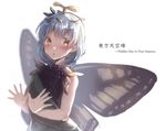  antennae blue_hair blush brown_eyes butterfly_wings copyright_name eternity_larva leaf leaf_on_head looking_at_viewer nooca open_hands open_mouth solo standing touhou white_background wings yellow_eyes 