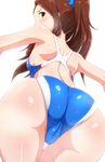  ass ass_focus bangs bare_shoulders blue_swimsuit blush brown_eyes brown_hair competition_swimsuit from_behind hair_ornament hair_scrunchie highres idolmaster idolmaster_(classic) jpeg_artifacts long_hair looking_at_viewer looking_back minase_iori one-piece_swimsuit outstretched_arms ponytail scrunchie simple_background solo spread_arms swimsuit tengu_(tetuo_kun) wet white_background 