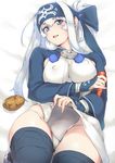  ainu_clothes bed_sheet black_legwear blue_eyes carrot covered_nipples headband highres kamoi_(kantai_collection) kantai_collection long_hair long_sleeves looking_at_viewer lying on_back open_mouth panties potato smile solo thick_eyebrows thighhighs underwear white_hair white_panties yui.h 